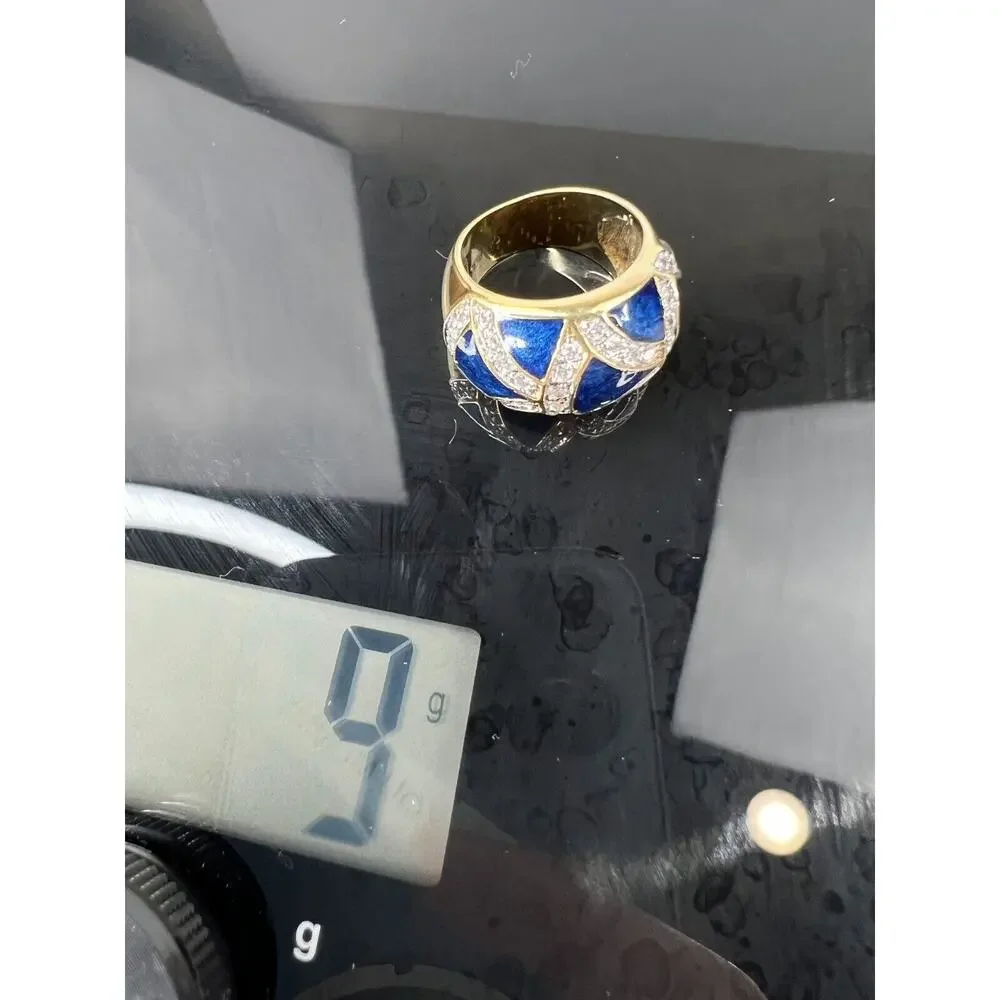 Formal Wear Statement Gold‎ Plated Blue Enamel Chunky Ring - Size 5